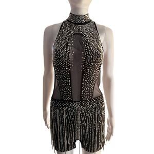 Rhinestone Romper Jumpsuit Black Silver Fringe Small